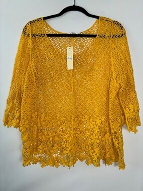 Crochet Openwork V-Neck Sweater Top - Mustard Yellow